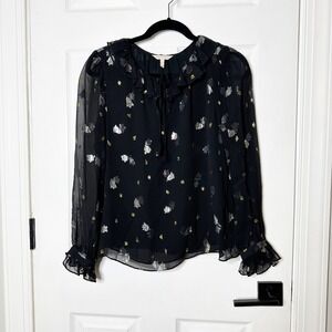 Rebecca Taylor Silk Blouse Womens 6 Black Metallic Ruffle Collar Business Casual